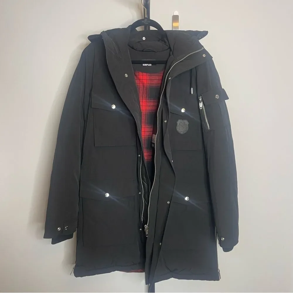 $985 The Kooples The Kooples Logo-Patch Hooded Woven Parka - Black MEN’S Medium